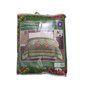 Holiday Time Warm Wishes King Quilt 101"x86" Snowmen Xmas Tree Poinsettias NEW